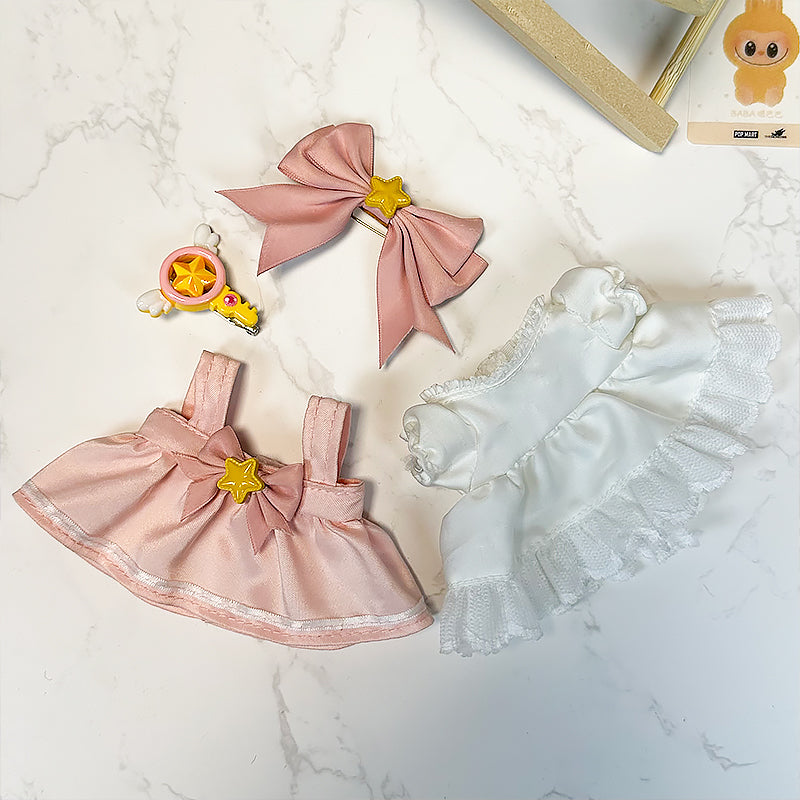 【Clothes only】Sakura Dress for labubu cute pink outfits with little wands Bow 4pcs Set doll