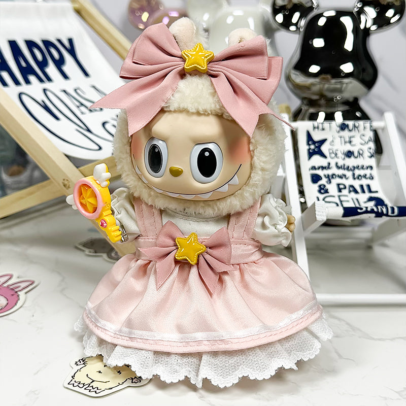 【Clothes only】Sakura Dress for labubu cute pink outfits with little wands Bow 4pcs Set doll
