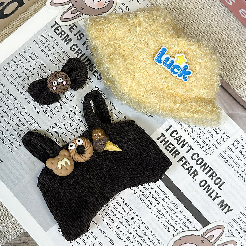 【Clothes only】3PCS set with plushy Hat Kawaii Labubu Overalls Outfit Set unisex Doll clothes