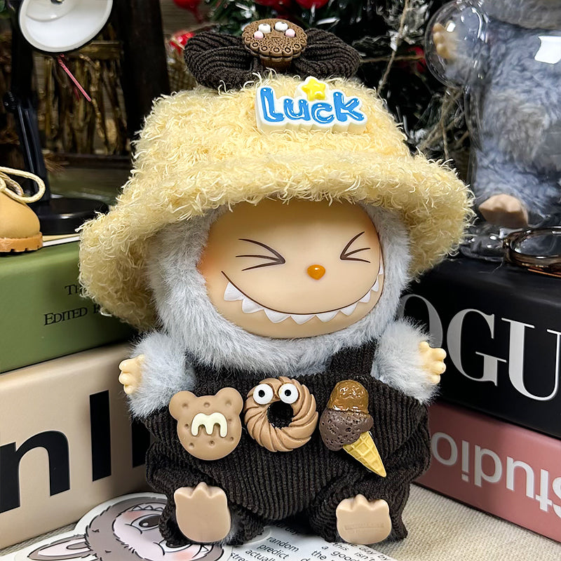 【Clothes only】3PCS set with plushy Hat Kawaii Labubu Overalls Outfit Set unisex Doll clothes