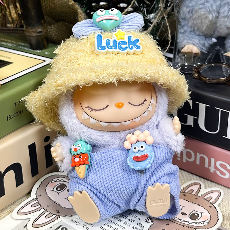 【Clothes only】3PCS set with plushy Hat Kawaii Labubu Overalls Outfit Set unisex Doll clothes