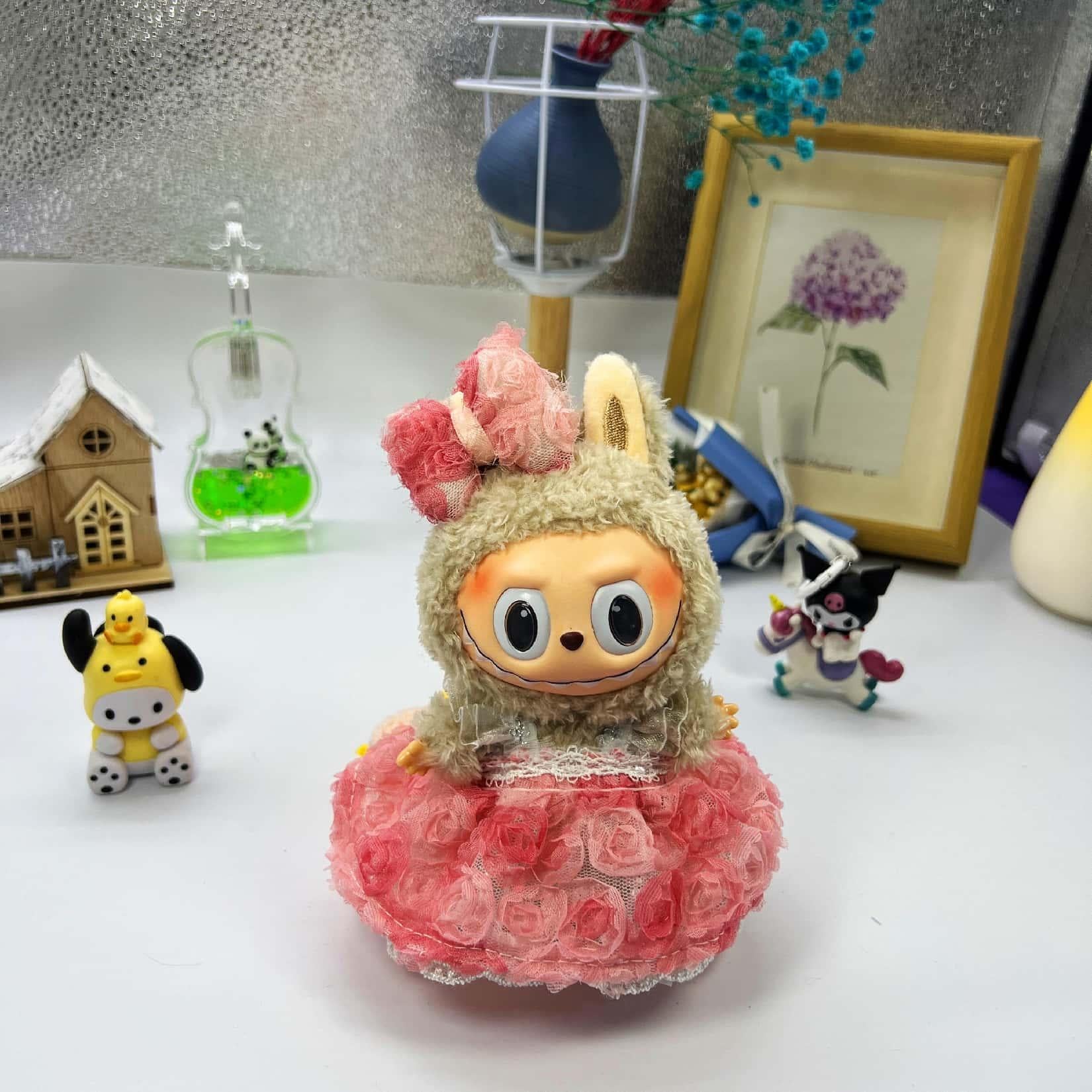 【Clothes only】 Labubu Doll Clothes Set Blossom-Cute dress for Doll Spring style with bow tie 2pcs Pink Costume
